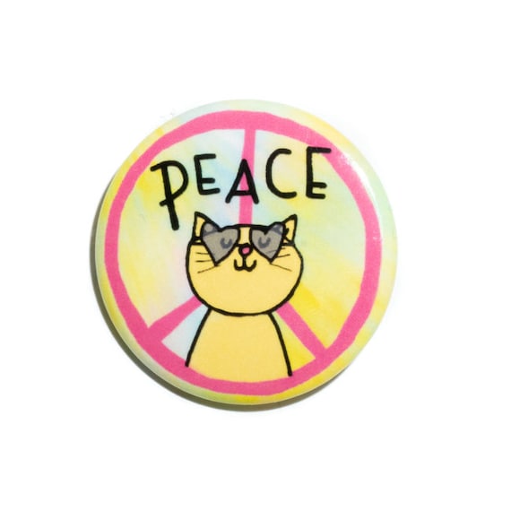 Cool Peace Cat with Sunglasses Hippie Pin Button Wall Art Gift