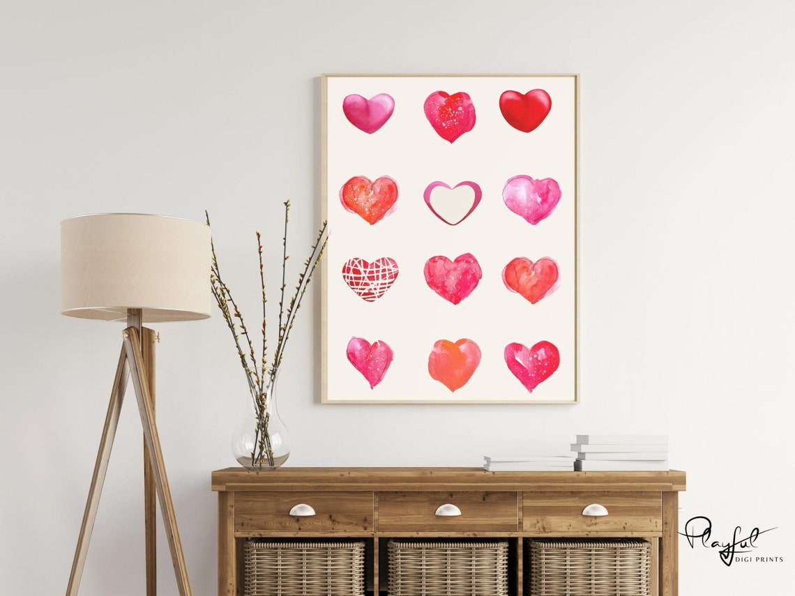 Watercolor Hearts Grid Valentine Pink Red Heart Illustration Poster - Image 5