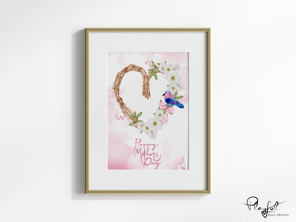Happy Mothers Day Rattan Heart Wreath Bird Floral Watercolor Poster - Image 3