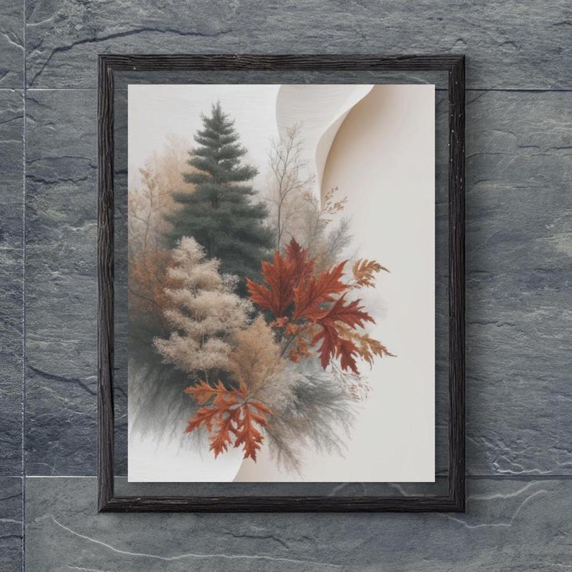 Tall Pine Forest With Fiery Autumn Maples Soft White Art Poster