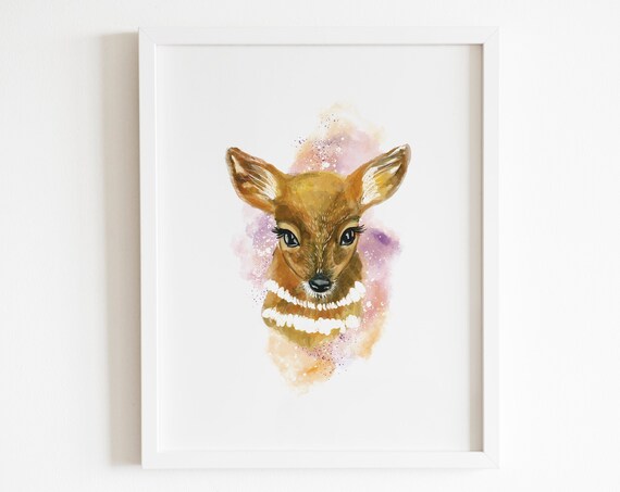 Baby Deer Watercolor Fawn Framed Sweet Nursery Animal Portrait Wall Art