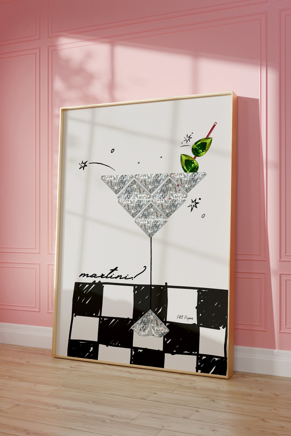 Martini Cocktail Doodle Sketch Chic Checkerboard Bar Cart Wall Art - Image 3