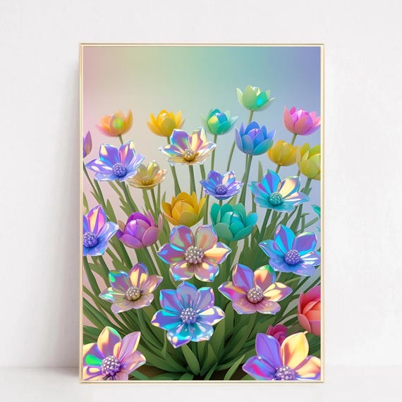 Floral Holographic Art Print Flower Wall Cute Preppy Teen Girl Bedroom Decor Abstract Modern