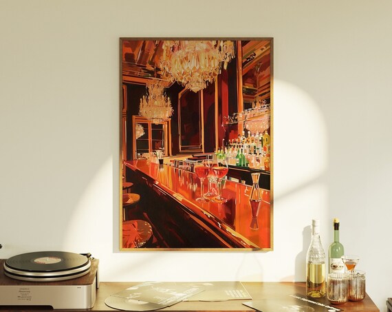 Warm Vintage Cocktail Bar Interior Chandeliers Elegant Art Poster