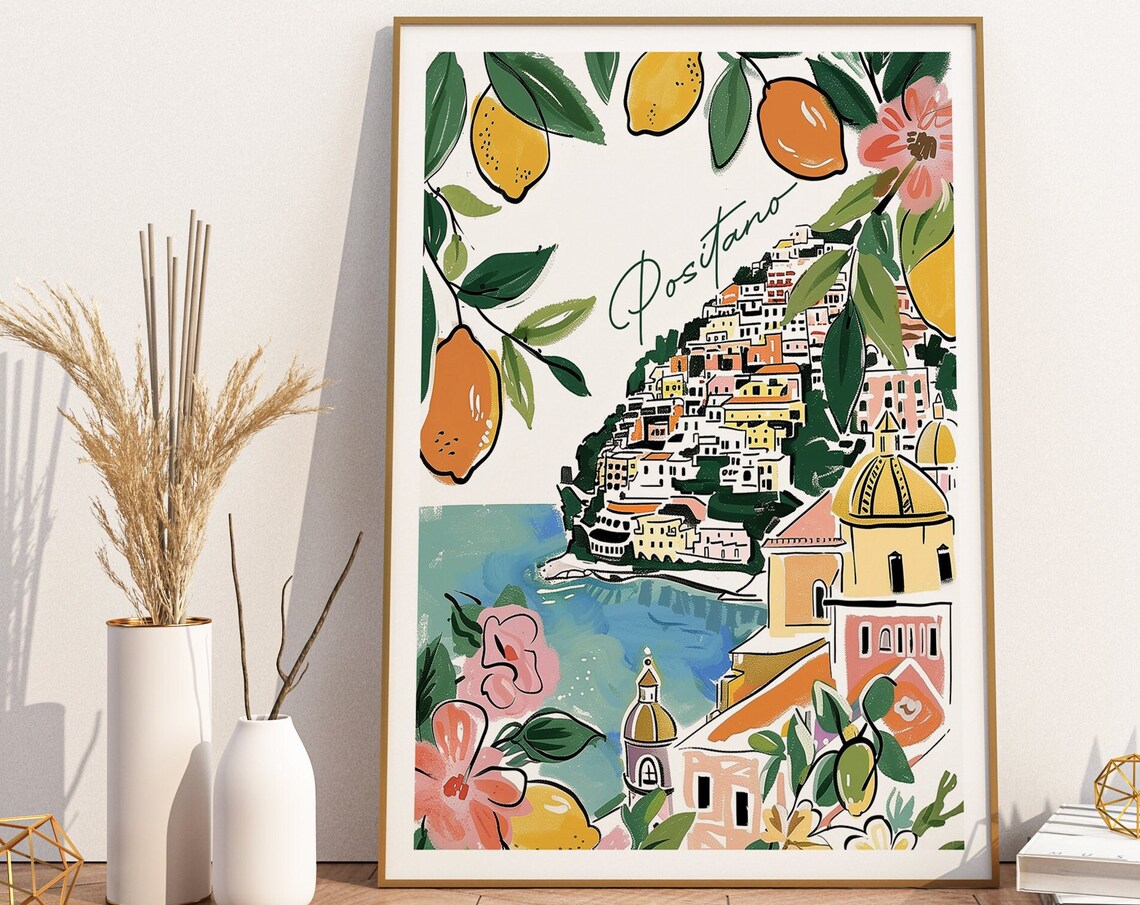 Positano Watercolor Italy Travel Poster, Lemons