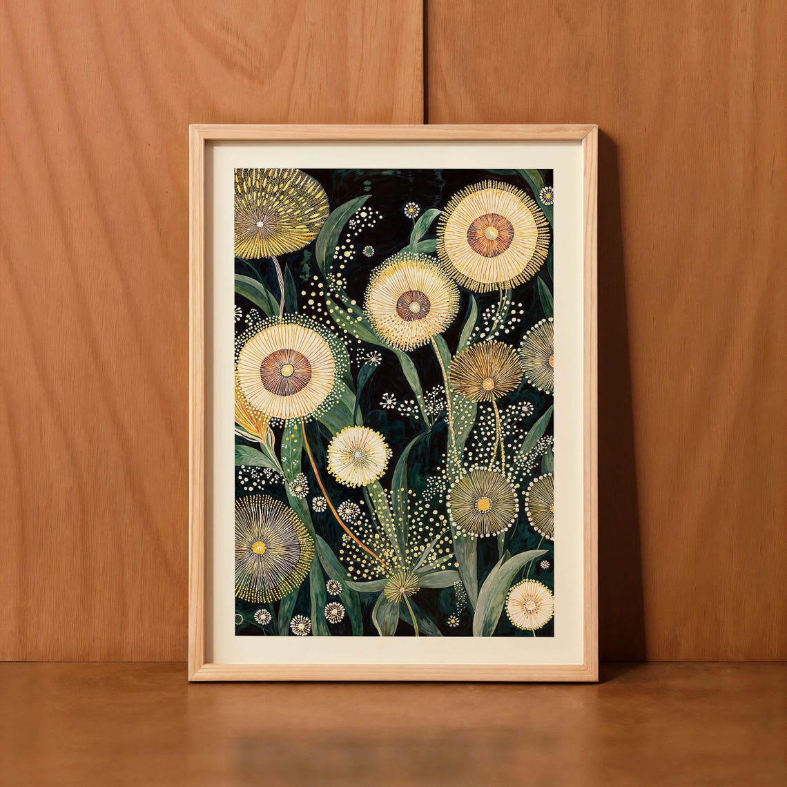 Dandelion Seed Heads Botanical Art Gold Floral On Black Poster