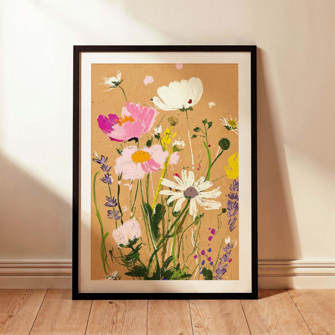 Pink Cosmos Pastel Wildflower Bouquet Black Framed Floral Wall Art