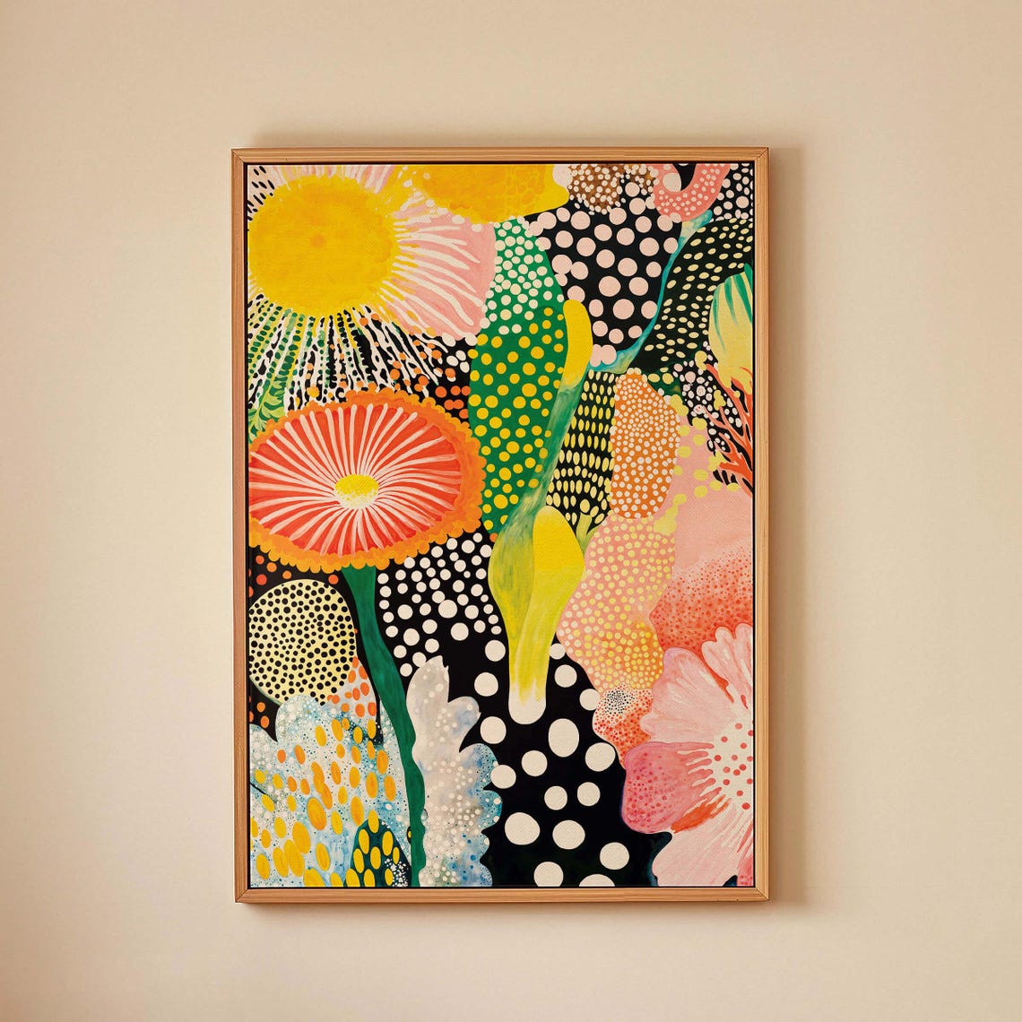 Bright Sun and Orange Daisy Dotted Floral Abstract Poster on Black