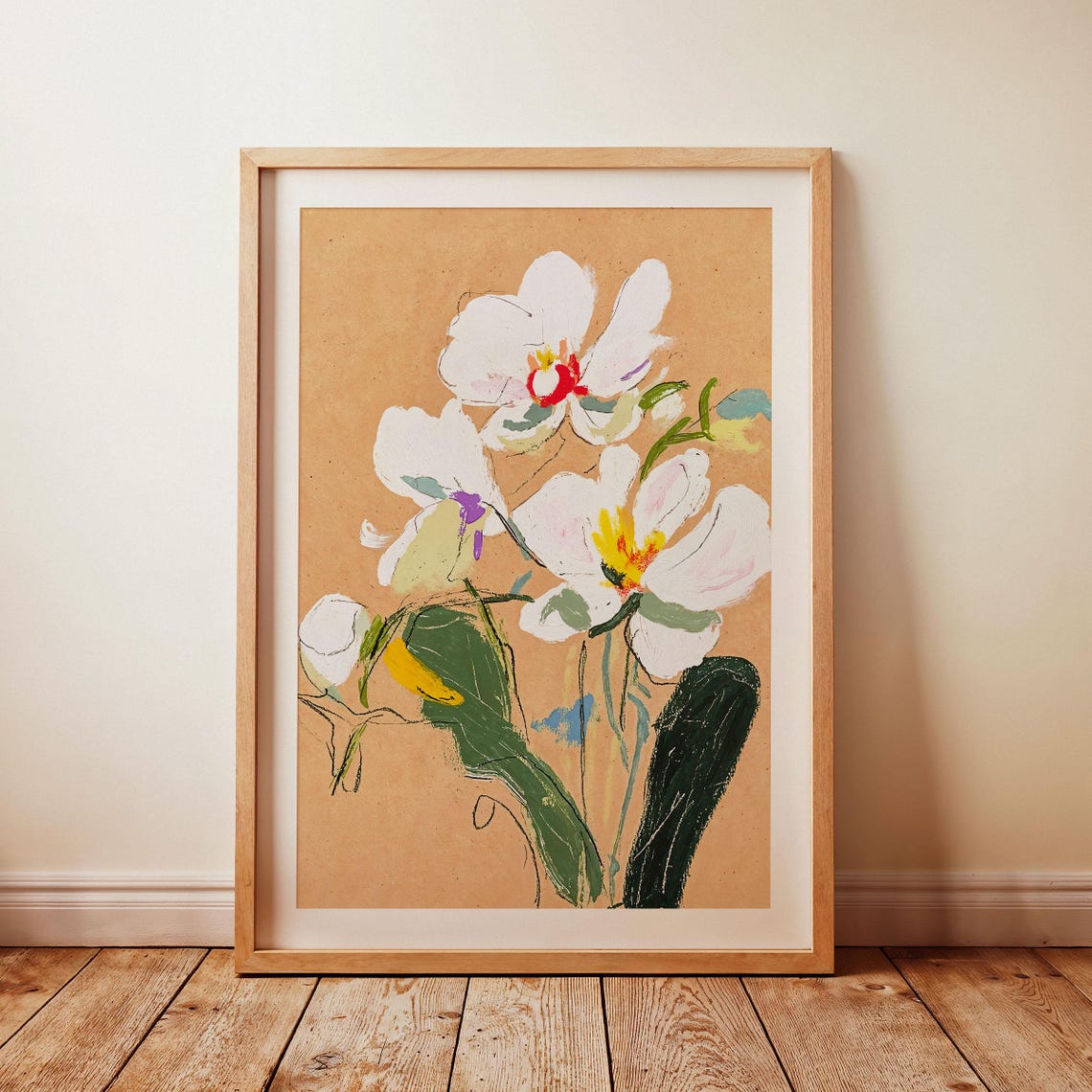 Freehand White Orchid Painting on Kraft Paper Modern Floral Poster