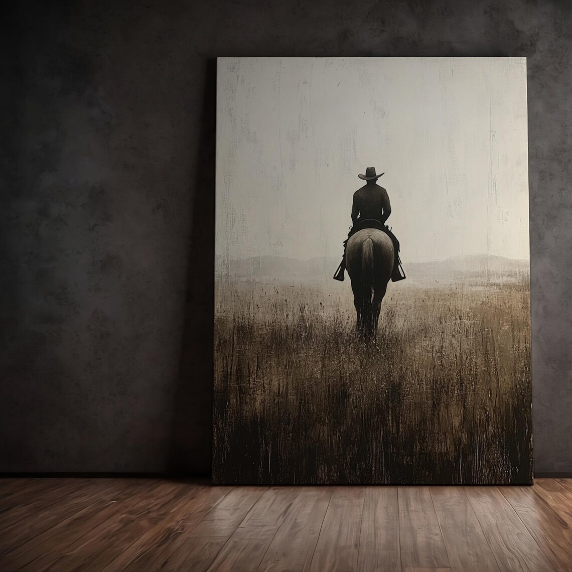 Moody Cowboy Horse Riding, Vintage Oil Painting