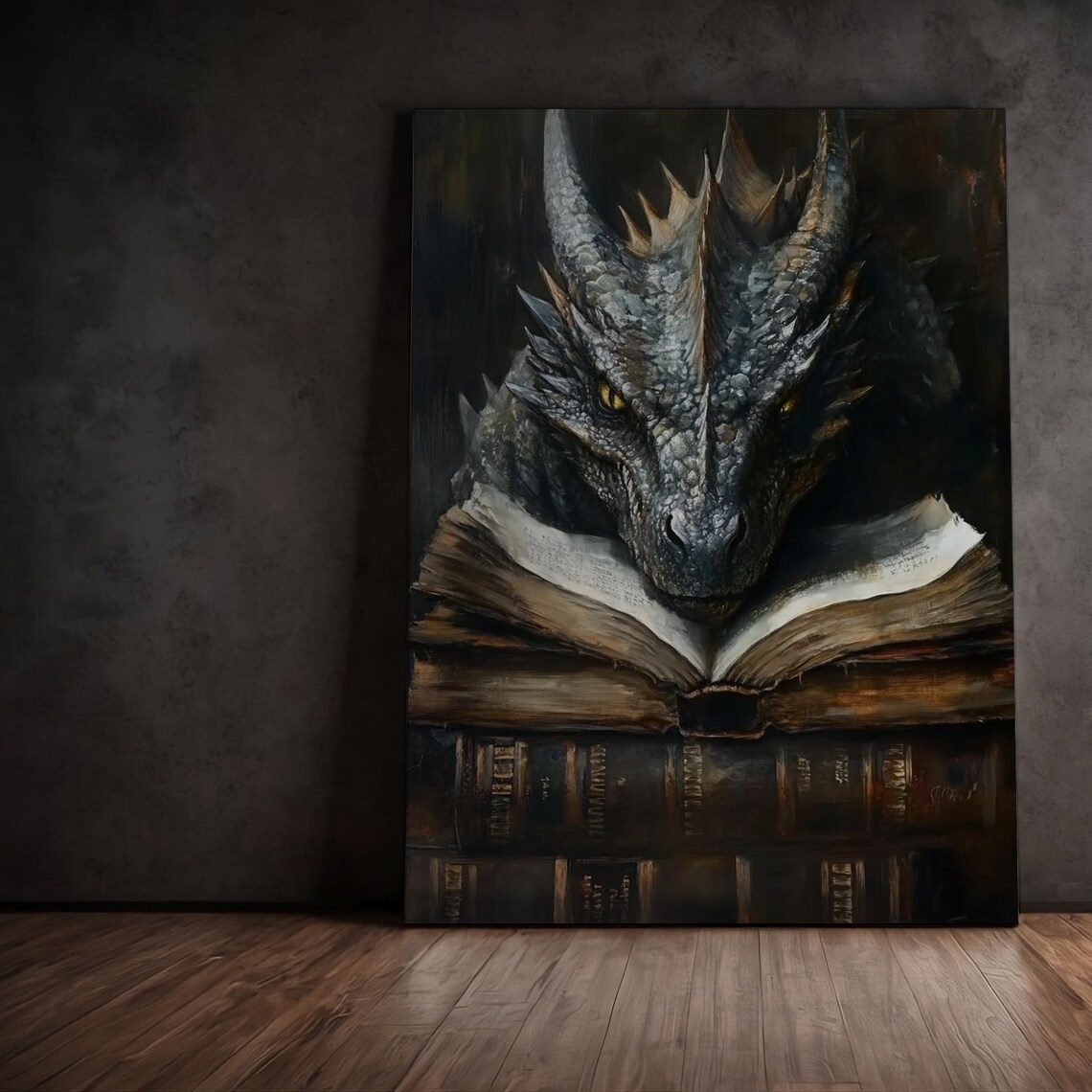 Majestic Book Dragon Dark Academia Fantasy Vintage Oil Art Poster