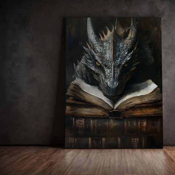 Book Dragon Print Dark Academia Wall Art Fantasy Book Lover Wall Decor Dragon Lover Antique Vintage Oil Painting Matte