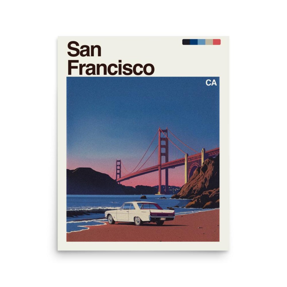 San Francisco Golden Gate Sunset With Classic Car Travel Poster