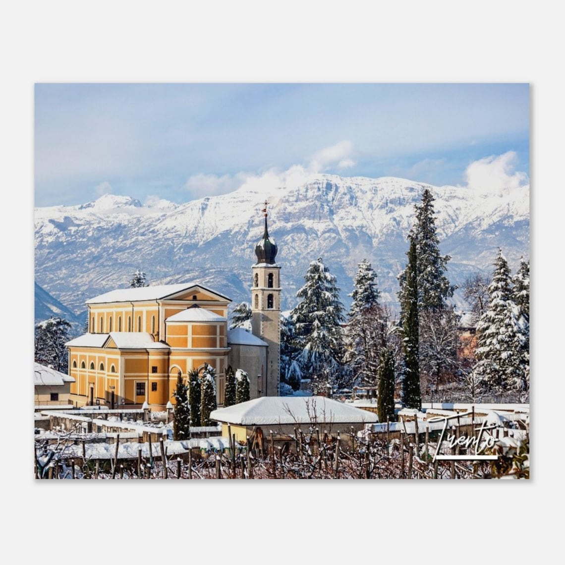 Trento Italy Winter Snowy Church Mountain Landscape Photography Poster