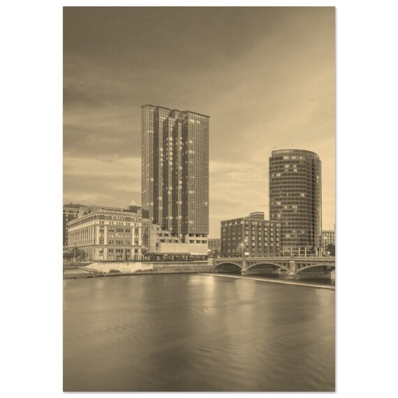 Grand Rapids Michigan Sepia Skyline River Bridge Downtown Poster