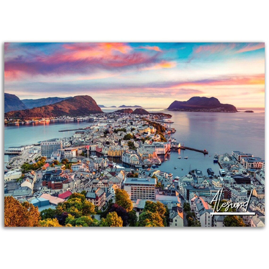 Alesund Norway Coastal City Sunset Fjord Travel Photo Poster