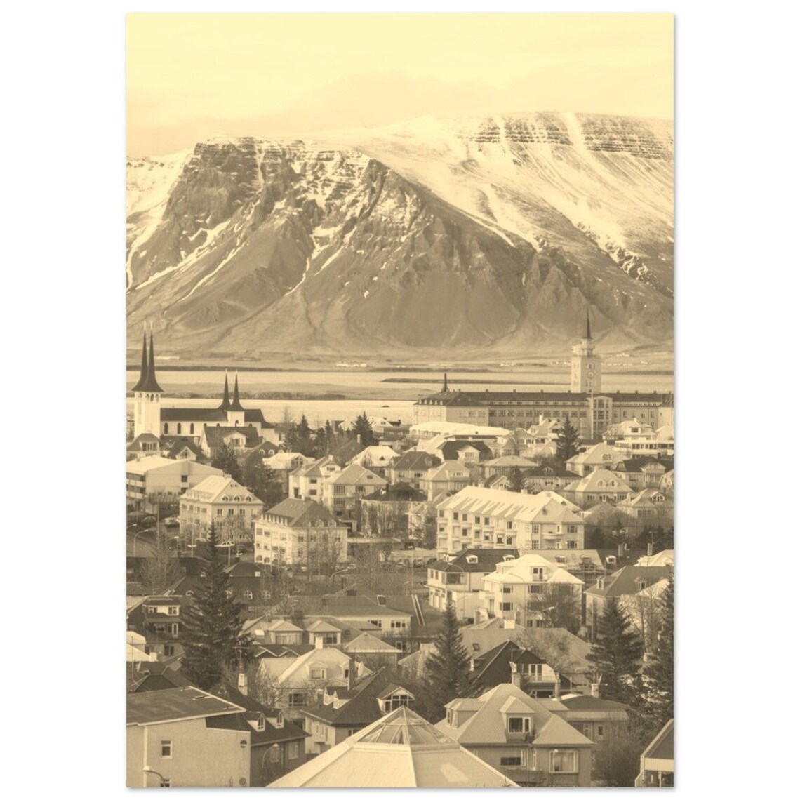 Reykjavik Iceland Sepia Mountain Vintage Travel Photo Poster