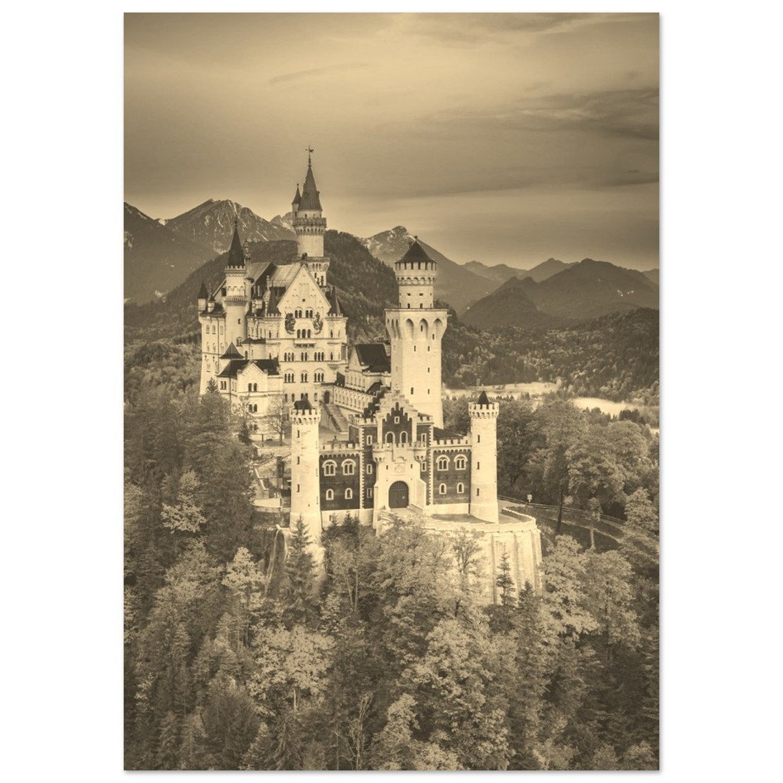 Neuschwanstein Castle Bavaria Sepia Alpine Mountain Travel Poster