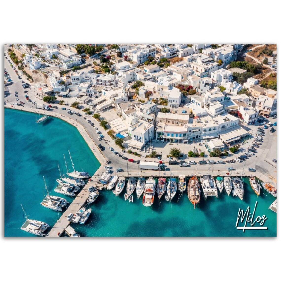 Milos Greece Harbor Aerial Whitewashed Town Travel Photo Poster