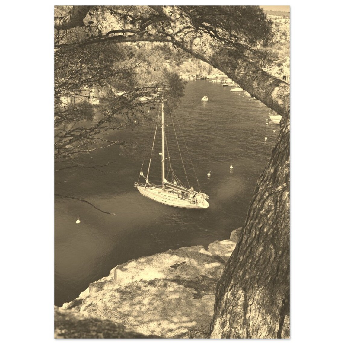 Cassis France Vintage Sepia Sailboat Coast Cove Travel Photo Poster