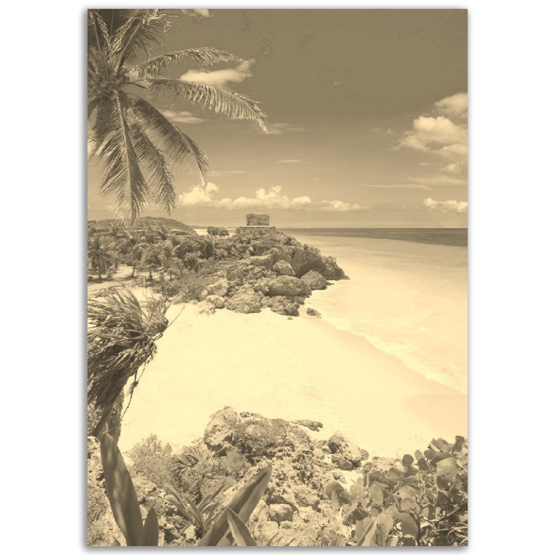 Mayan Ruins Cliffside Beach Sepia Vintage Tropical Travel Poster