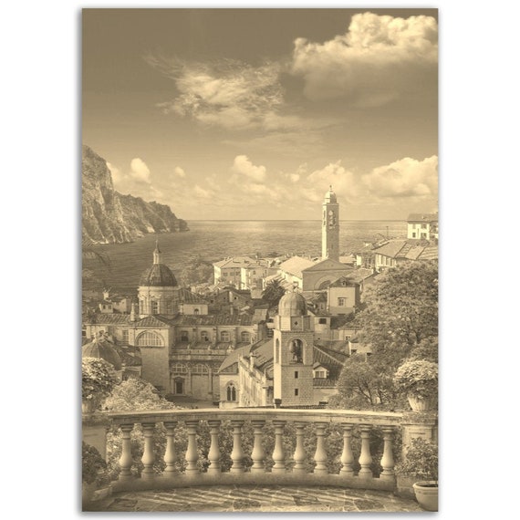 Vintage Sicily Print Sepia Cityscape Travel Poster