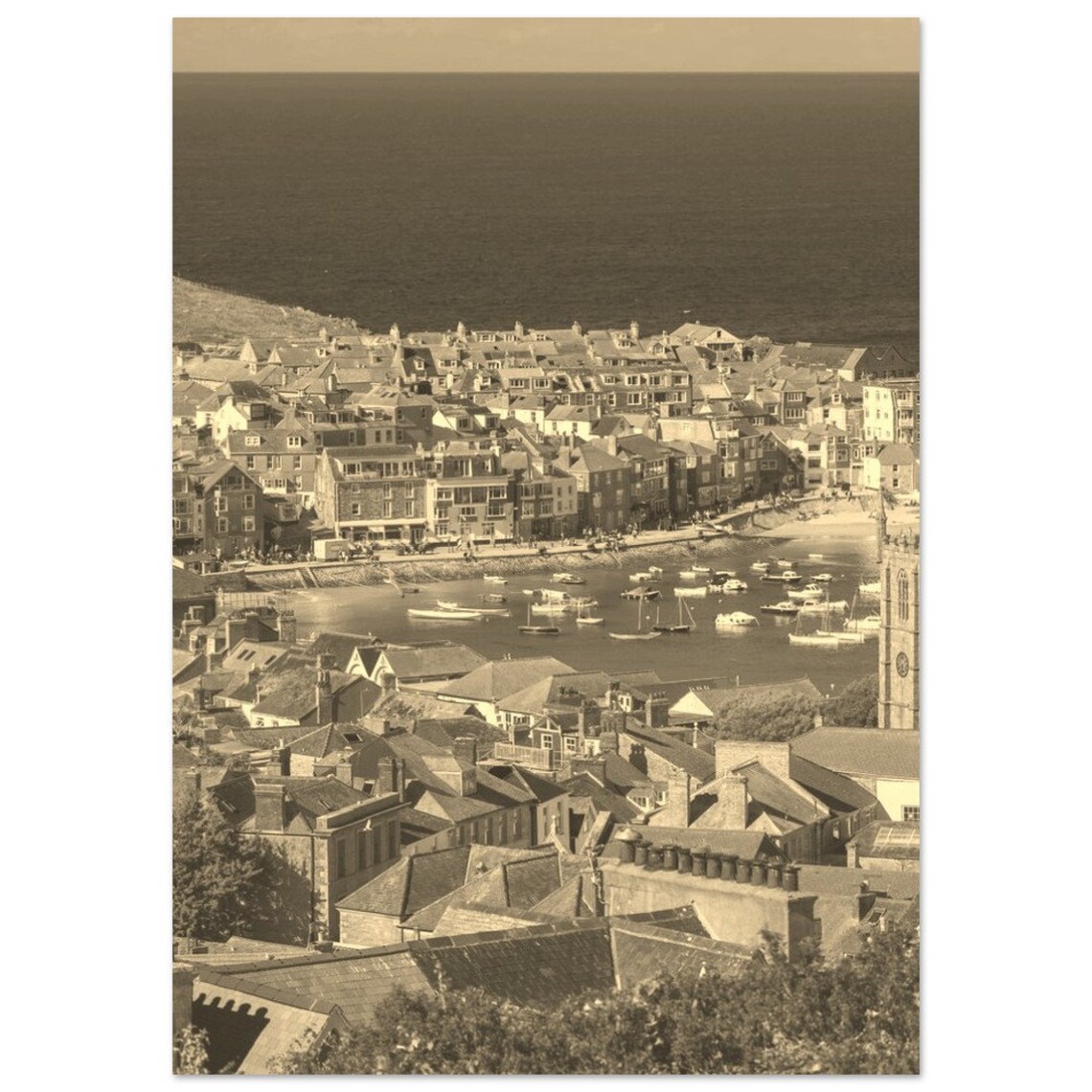 Vintage Cornwall England Seaside Harbor Town Sepia Photo Poster