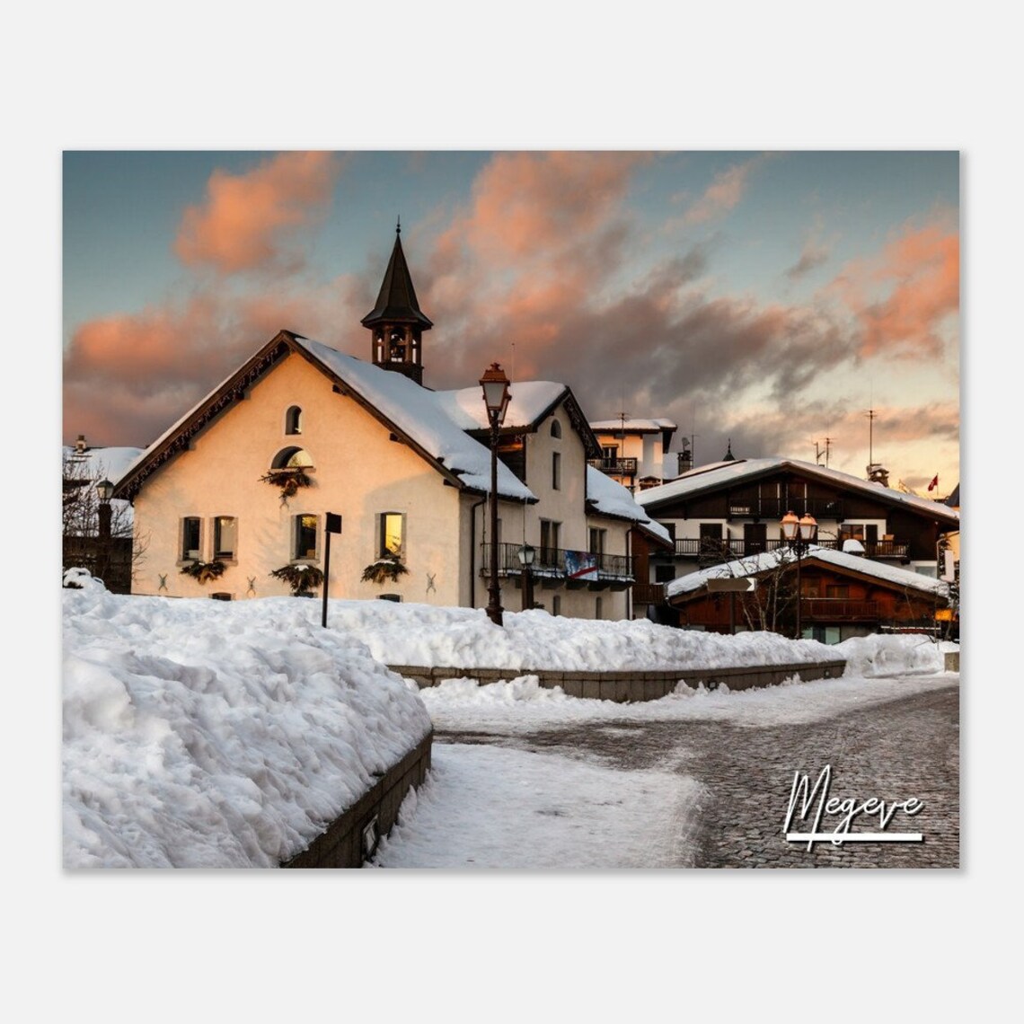 Megeve French Alps Snowy Village Church Pastel Sunset Winter Poster