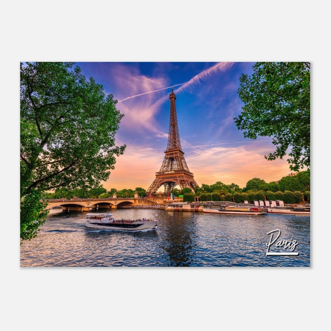 Paris Eiffel Tower Seine River Sunset Bridge Travel Photo Poster
