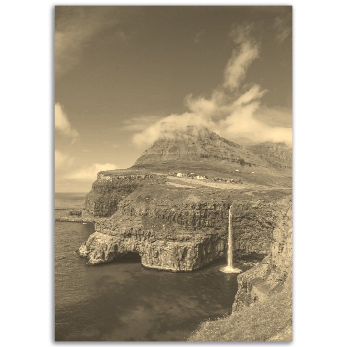 Sea Cliff Waterfall Ocean Waves Sepia Vintage Landscape Poster