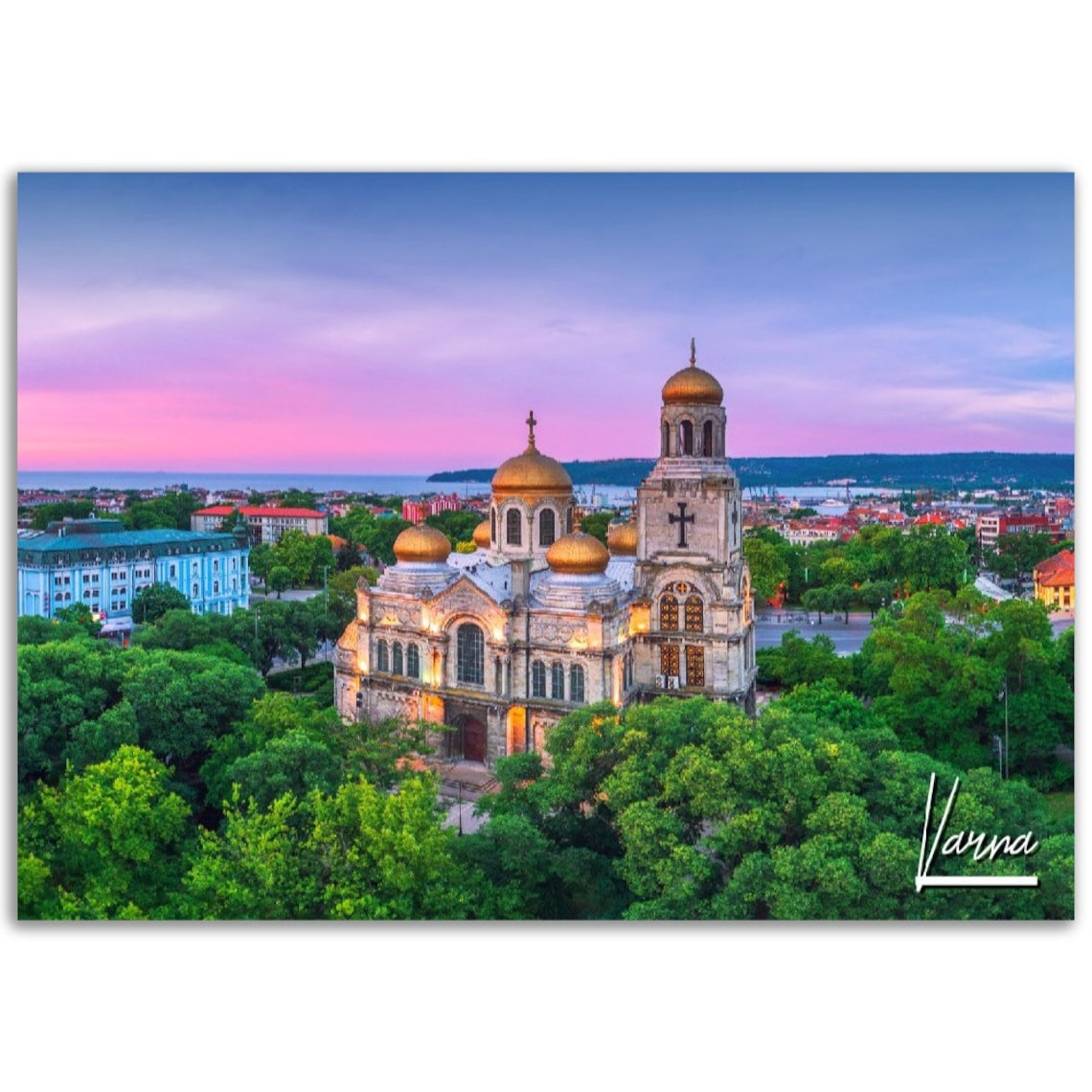 Varna Bulgaria Sunset Poster With Golden Domed Cathedral Coastal Photo