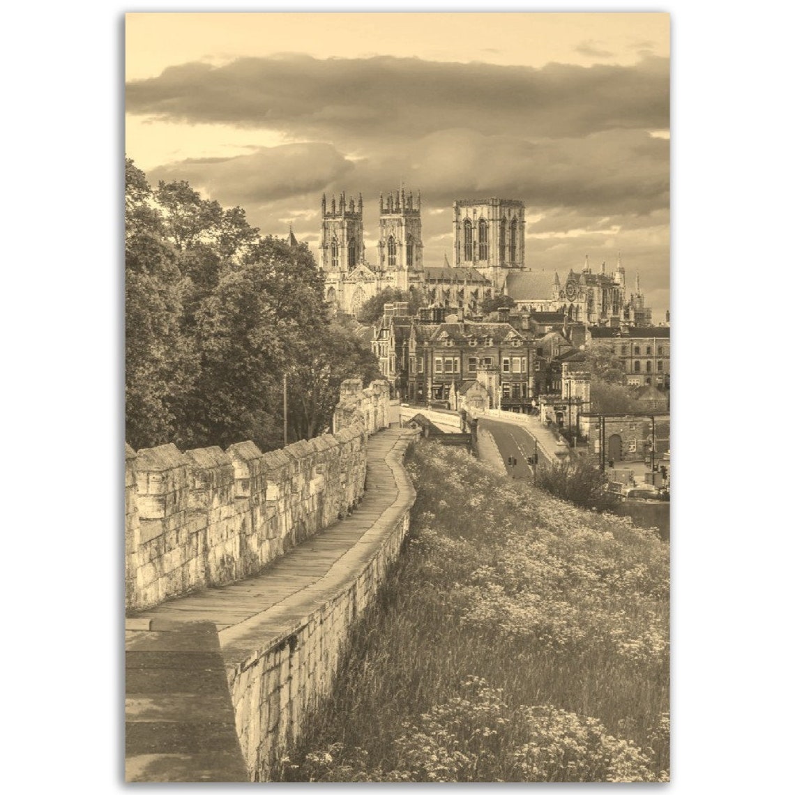 Vintage York England Sepia York Minster City Walls Travel Poster