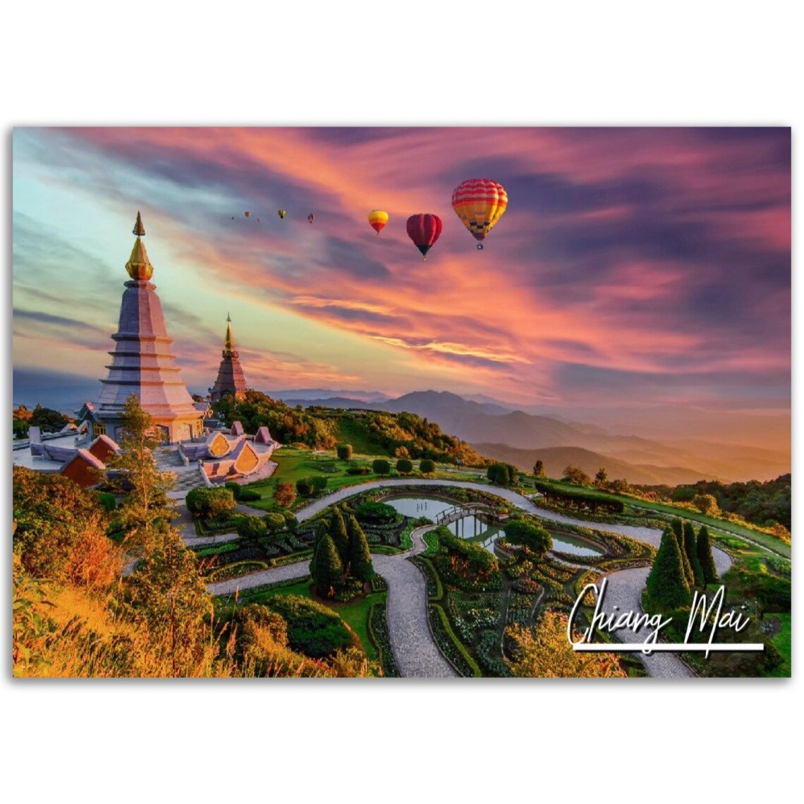Chiang Mai Thailand Temple Hot Air Balloons Sunset Travel Poster