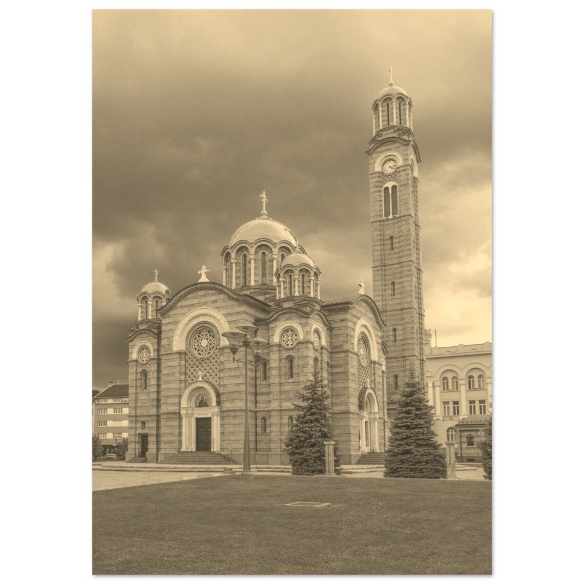 Vintage Sepia Orthodox Cathedral Domes Bell Tower Photo Poster
