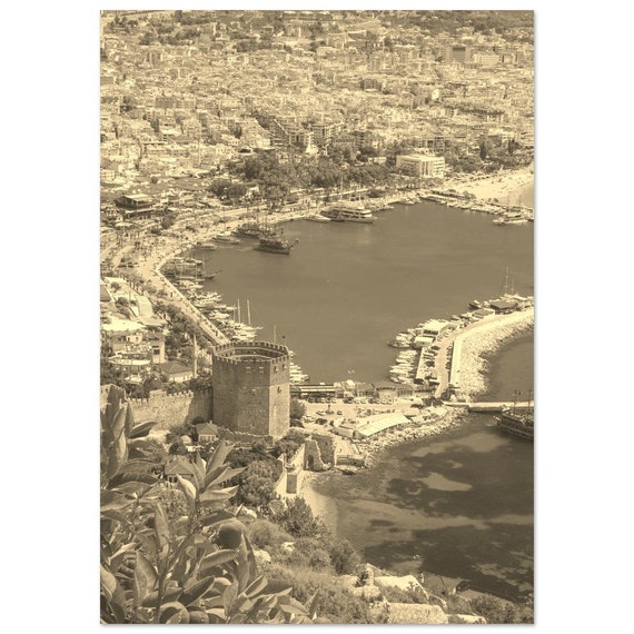 Vintage Alanya Turkey Travel Poster Sepia Port Cityscape Print