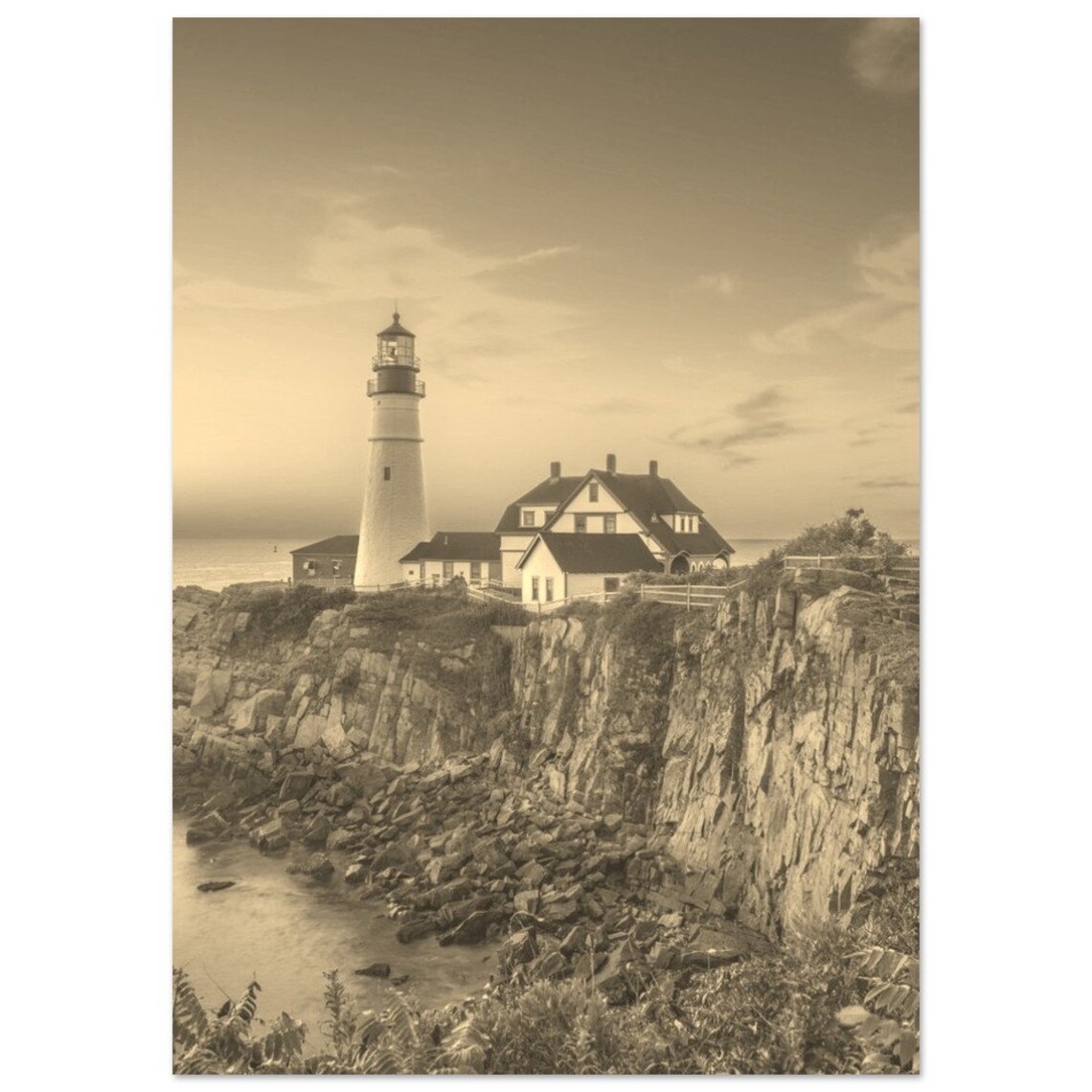 Maine Lighthouse Rocky Coast Vintage Sepia Travel Poster Portland