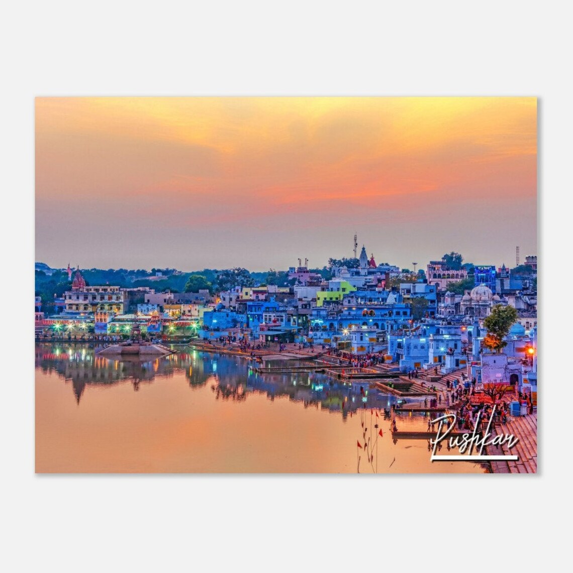 Pushkar Golden Holy Lake Sunset Ghats India Travel Wall Poster