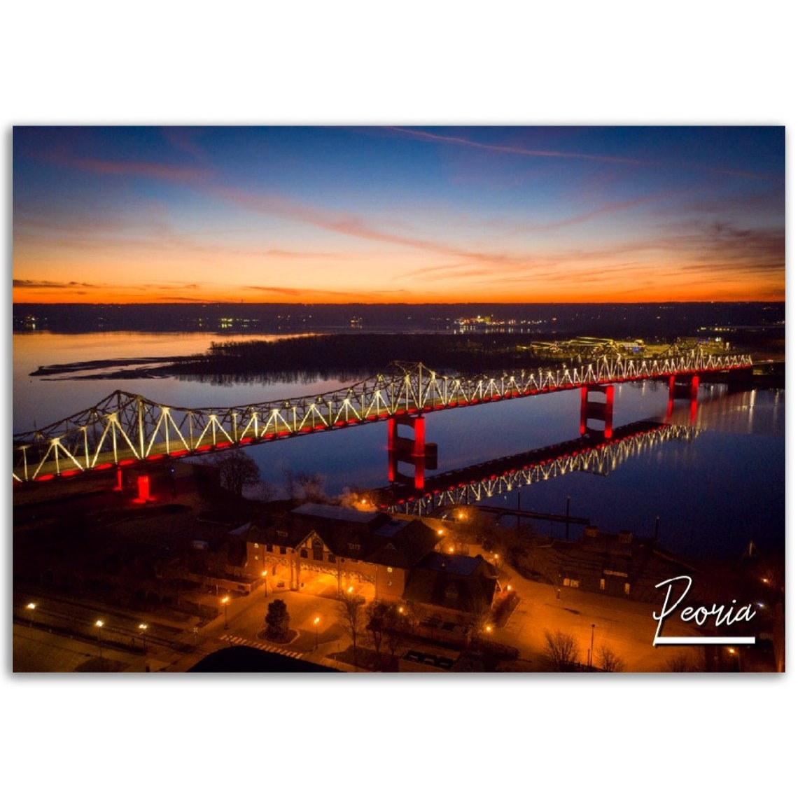 Peoria Illinois Riverfront Bridge Night Lights Sunset Sky Poster