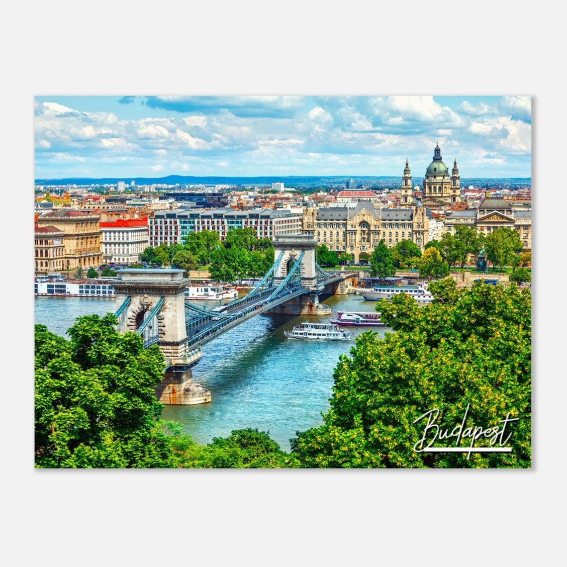 Budapest Hungary Chain Bridge Danube Summer Cityscape Poster