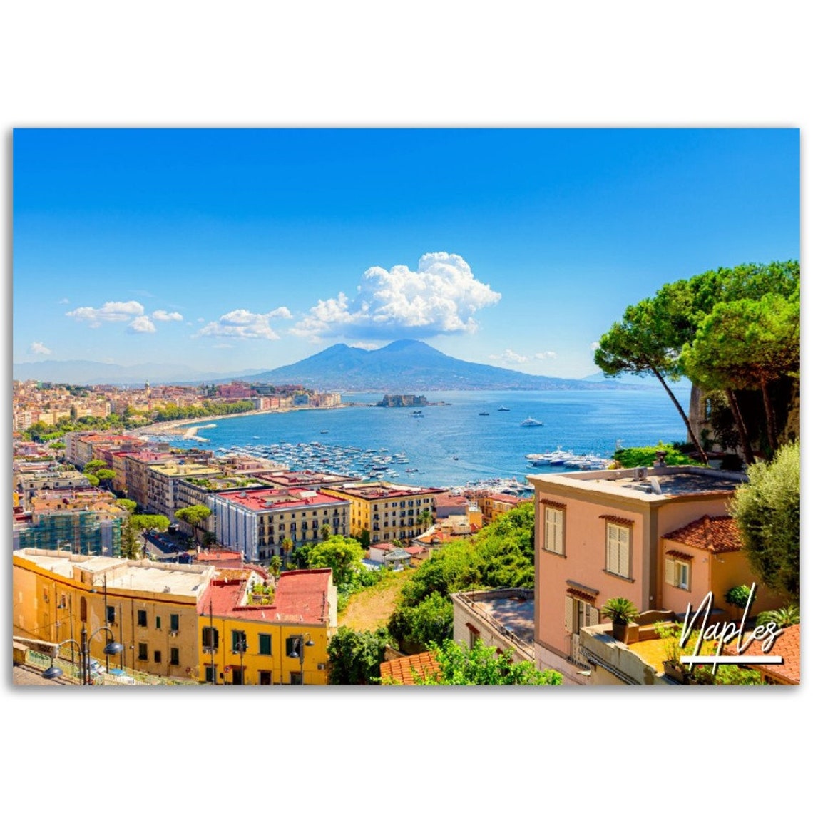 Naples Italy Cityscape Mount Vesuvius Bay View Travel Poster
