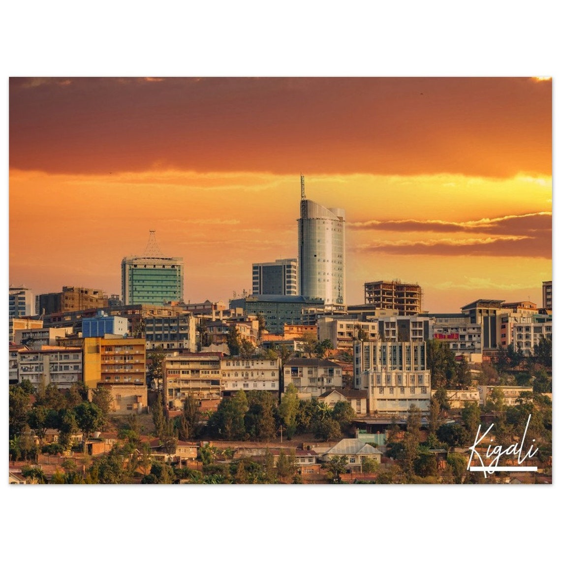 Kigali Rwanda Skyline Poster Sunset Cityscape Travel Print