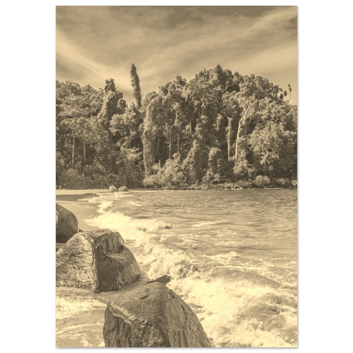 Khao Lak Thailand Vintage Sepia Beach Waves and Rocks Poster