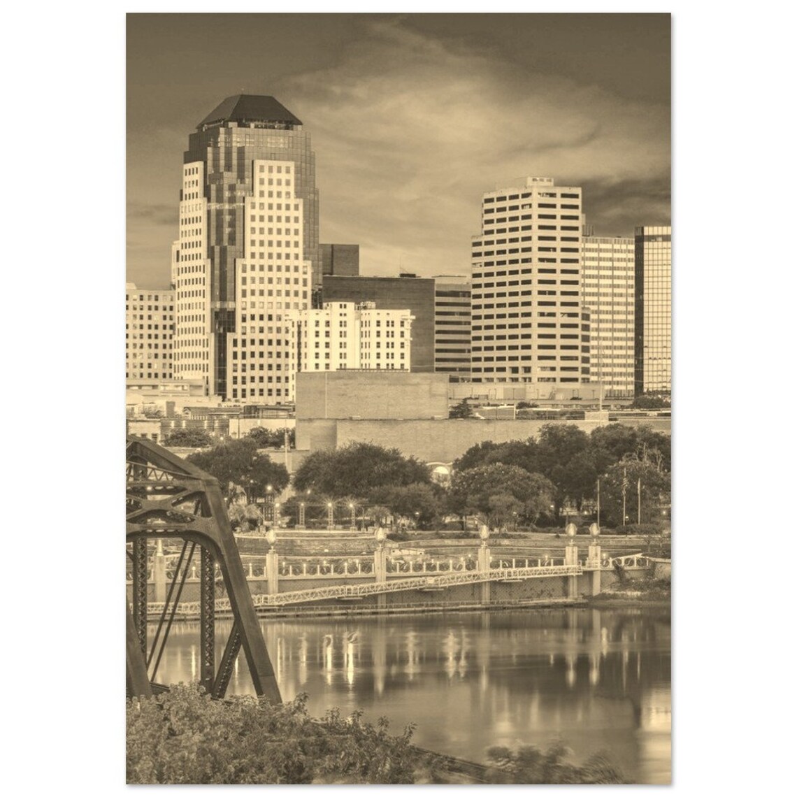 Shreveport Louisiana Vintage Sepia Riverfront Skyline Travel Poster
