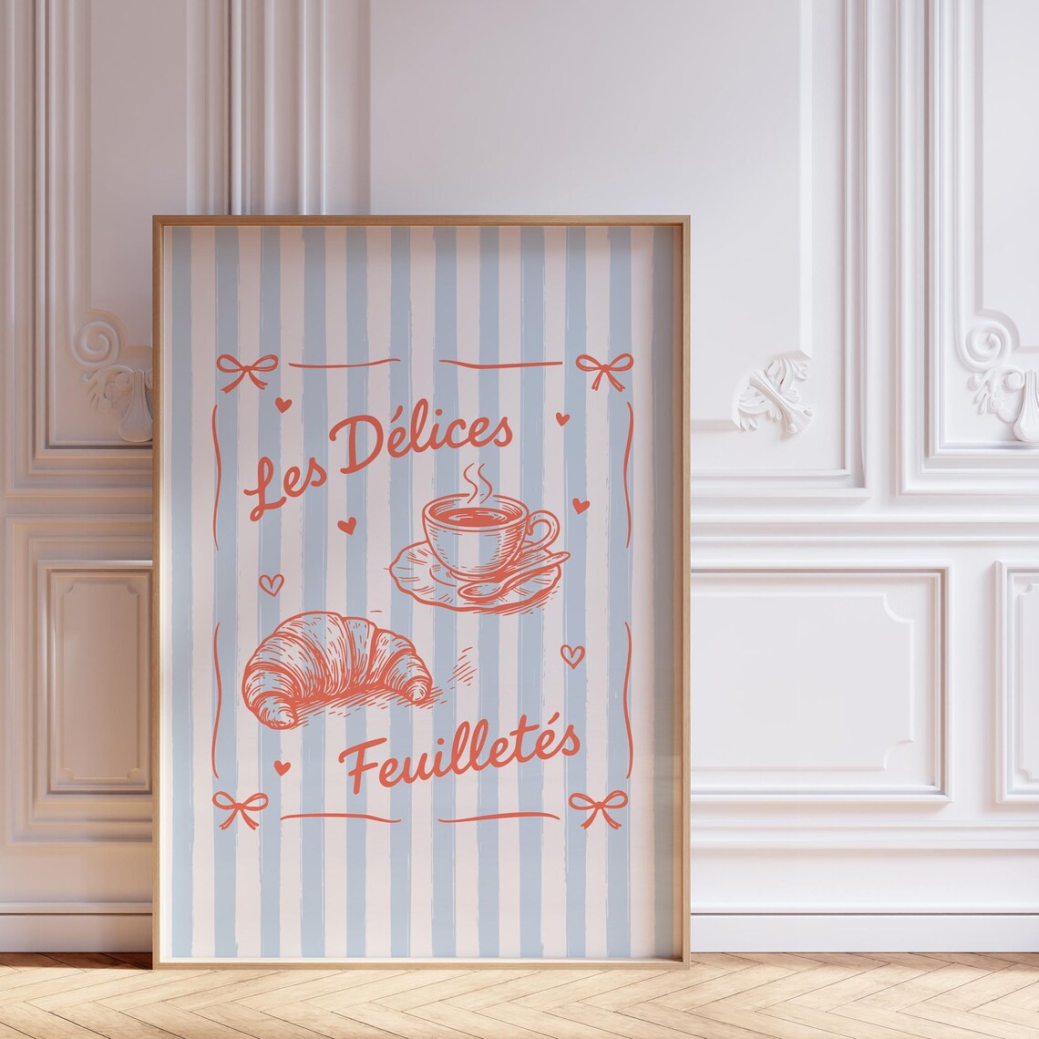 Blue Stripe French Cafe Croissant Coffee Coquette Kitchen Print