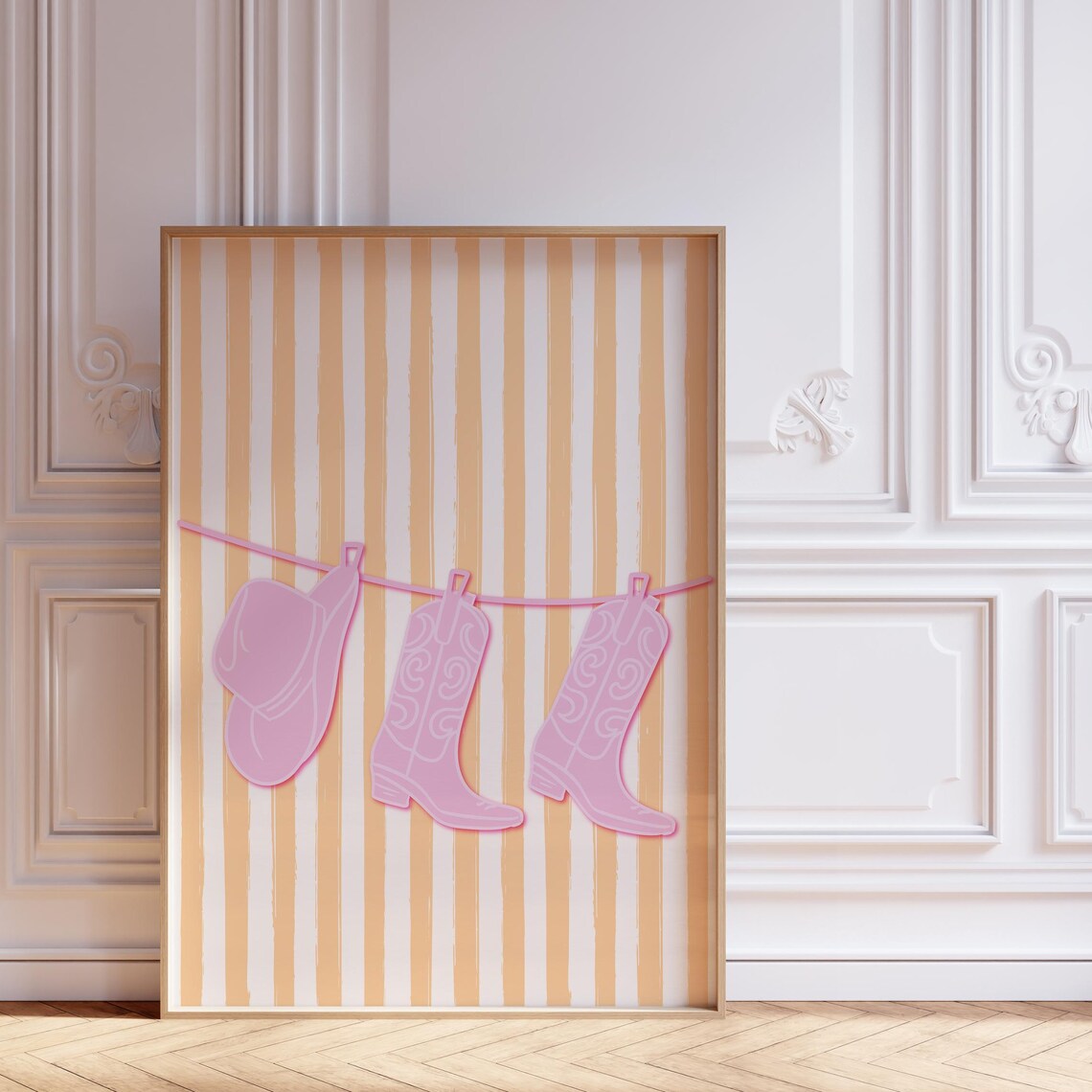 Pink Cowboy Boots and Hat on Yellow Striped Clothesline Poster