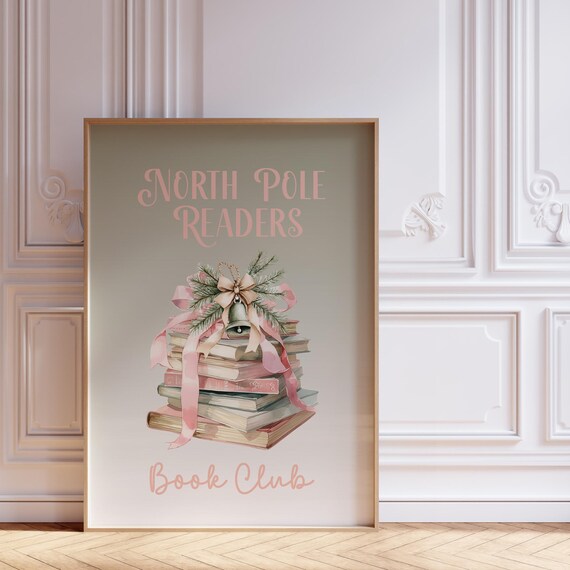 North Pole Readers Book Club Pink Christmas Book Stack Art Print