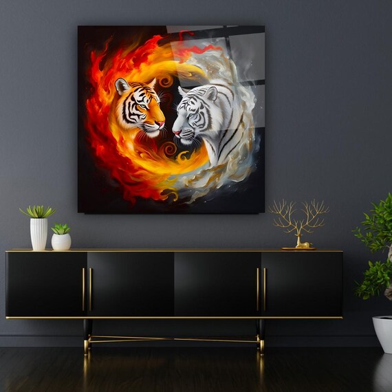 Yin Yang Tiger Wall Art Tempered Glass Print Modern Animal Wall Decor Luxury Glass Wall Art For Home And Office