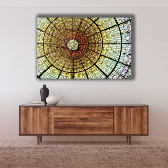 Stained Glass Cathedral Dome Golden Sunburst Mosaic Ceiling Poster