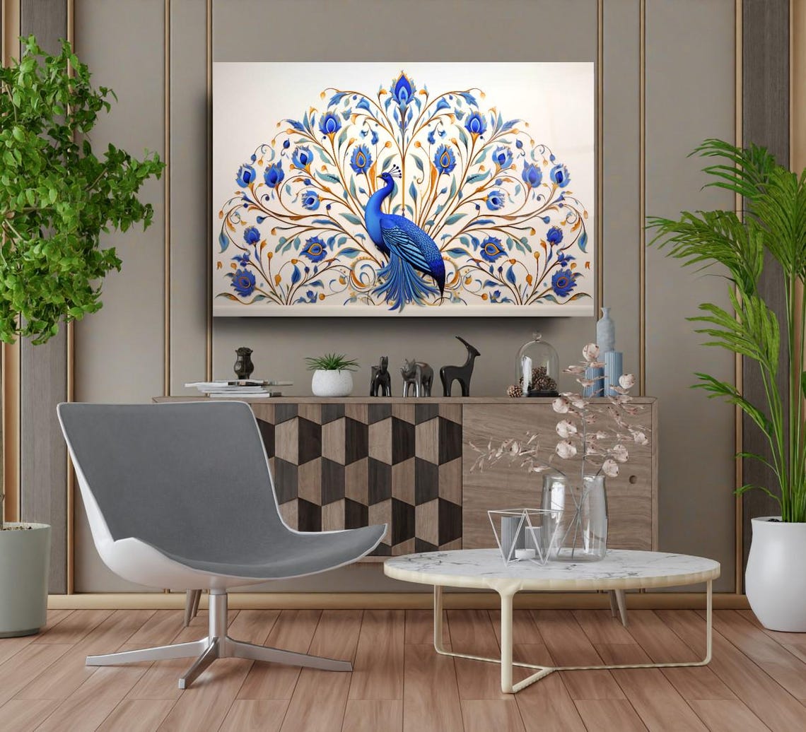 Elegant Blue Peacock with Ornate Floral Tail Feathers Wall Art - Image 3