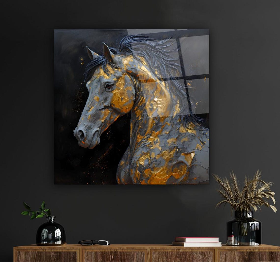 Grey Horse Head with Golden Leaf Paint Detail on Dark Wall Art - Image 3